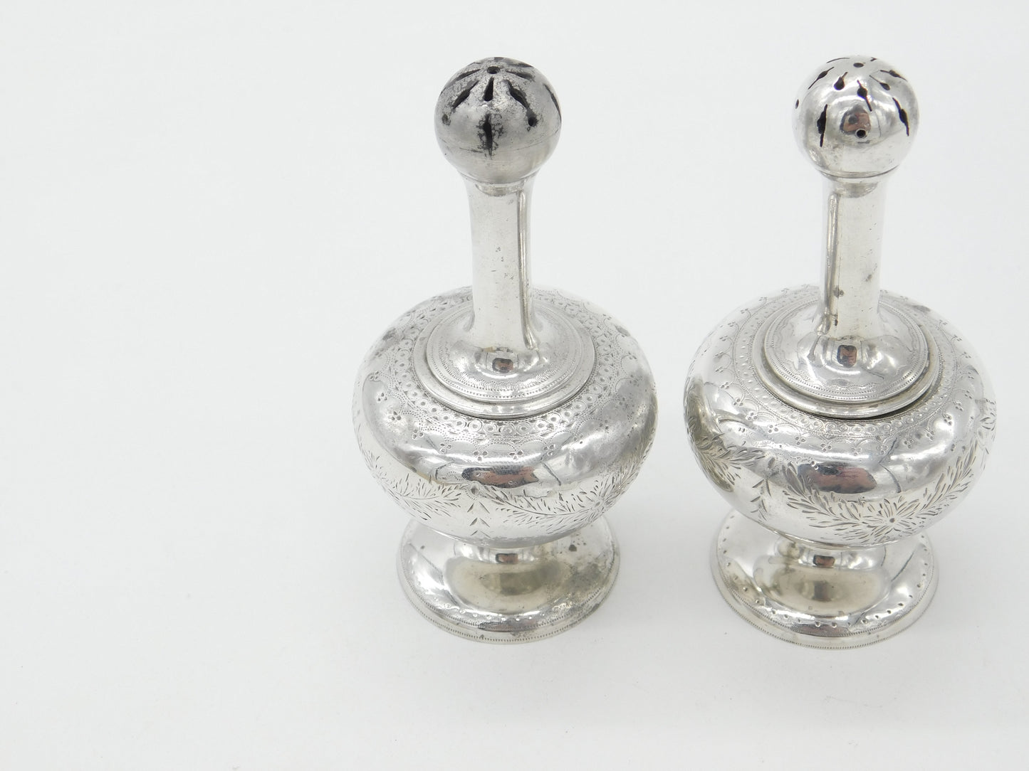 Pair Victorian Sterling Silver Long Stem Salt Pepper Shakers 1869 George Fox