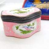 Georgian Bilston Enamel Pink Patch Box with Perched Birds c1820 Antique