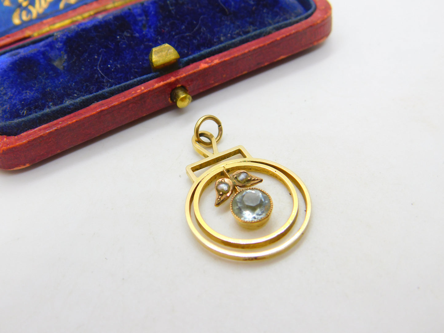 Edwardian 9ct Yellow Gold, Blue Topaz & Seed Pearl Lavalier Drop Pendant c1910