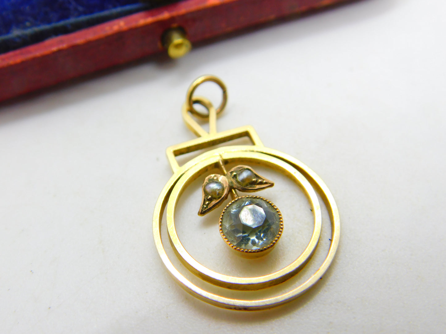 Edwardian 9ct Yellow Gold, Blue Topaz & Seed Pearl Lavalier Drop Pendant c1910