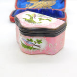 Georgian Bilston Enamel Pink Patch Box with Perched Birds c1820 Antique