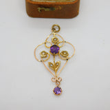 Edwardian 9ct Yellow Gold, Seed Pearl & Amethyst Lavalier Drop Pendant Antique c1910