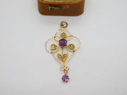 Edwardian 9ct Yellow Gold, Seed Pearl & Amethyst Lavalier Drop Pendant Antique c1910
