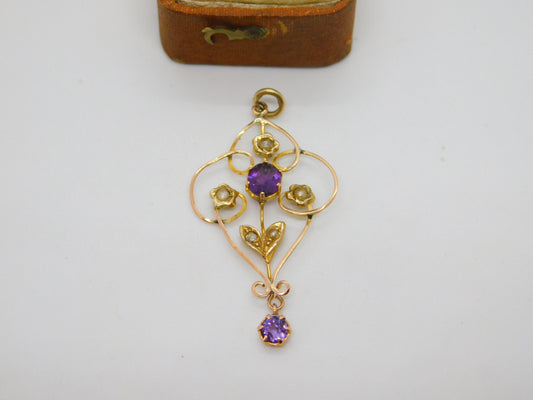 Edwardian 9ct Yellow Gold, Seed Pearl & Amethyst Lavalier Drop Pendant Antique c1910