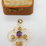 Edwardian 9ct Yellow Gold, Seed Pearl & Amethyst Lavalier Drop Pendant Antique c1910