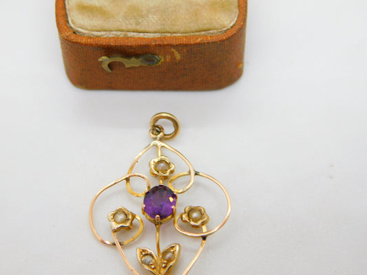 Edwardian 9ct Yellow Gold, Seed Pearl & Amethyst Lavalier Drop Pendant Antique c1910