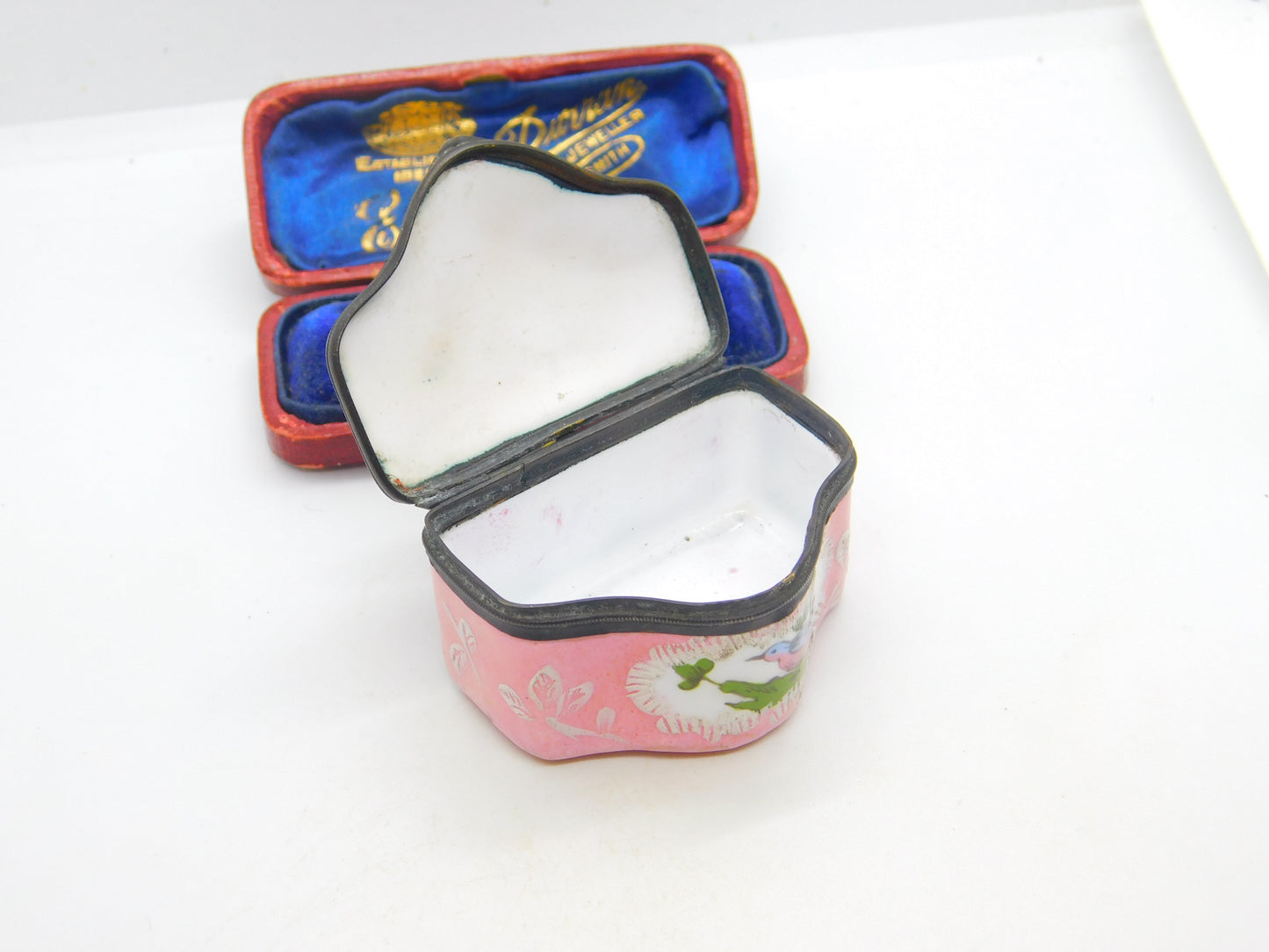 Georgian Bilston Enamel Pink Patch Box with Perched Birds c1820 Antique