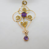 Edwardian 9ct Yellow Gold, Seed Pearl & Amethyst Lavalier Drop Pendant Antique c1910