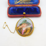 Victorian 9ct Yellow Gold Painted Porcelain Young Man Set Brooch Antique c1890