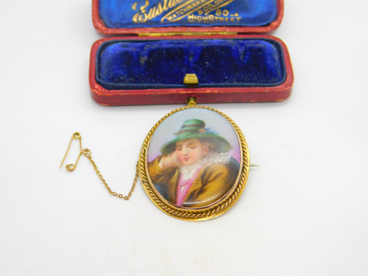Victorian 9ct Yellow Gold Painted Porcelain Young Man Set Brooch Antique c1890