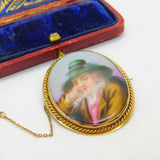 Victorian 9ct Yellow Gold Painted Porcelain Young Man Set Brooch Antique c1890