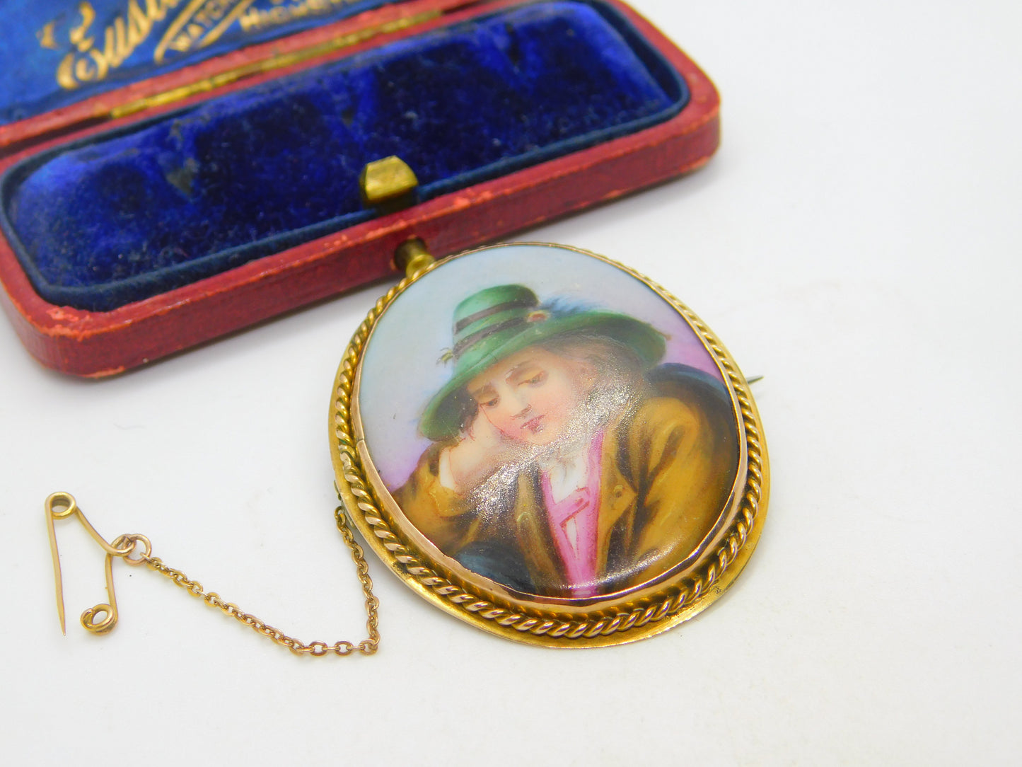 Victorian 9ct Yellow Gold Painted Porcelain Young Man Set Brooch Antique c1890