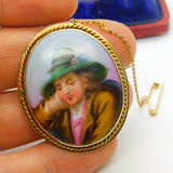 Victorian 9ct Yellow Gold Painted Porcelain Young Man Set Brooch Antique c1890