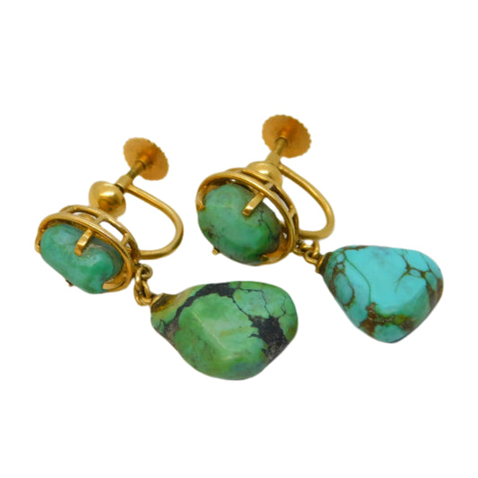14ct Yellow Gold Raw Turquoise Screw-Back Earrings Antique c1920 Art Deco