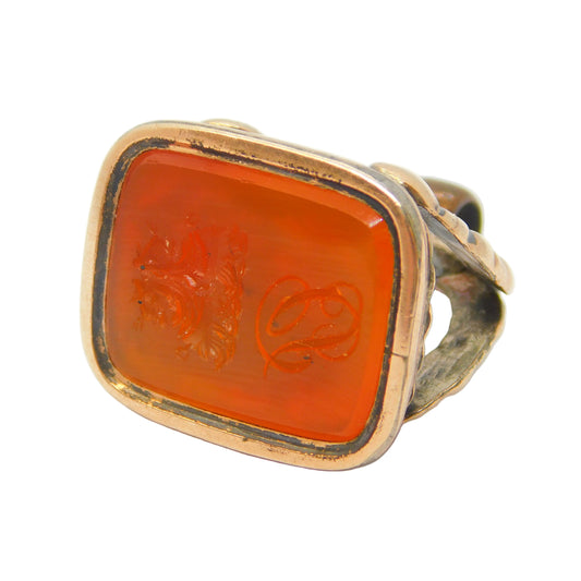 George III 9ct Rose Gold Agate Roaring Lions Intaglio Fob Seal Antique c1800