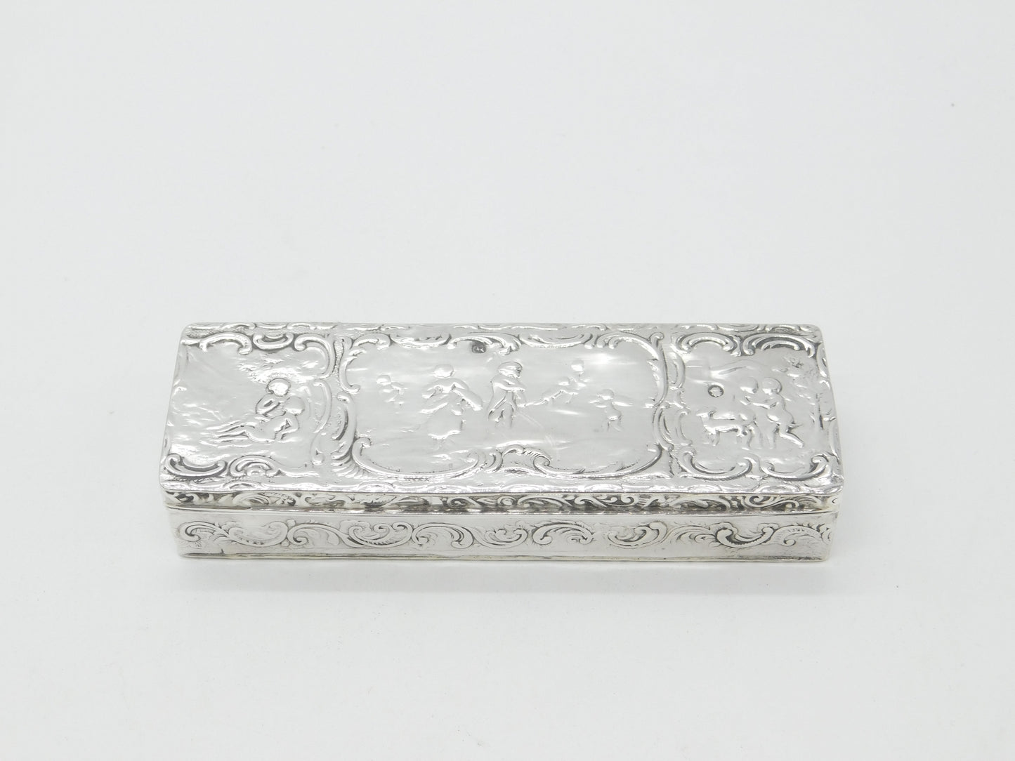 Victorian Sterling Silver Romantic Nouveau Scene Trinket Box 1896 Sheffield