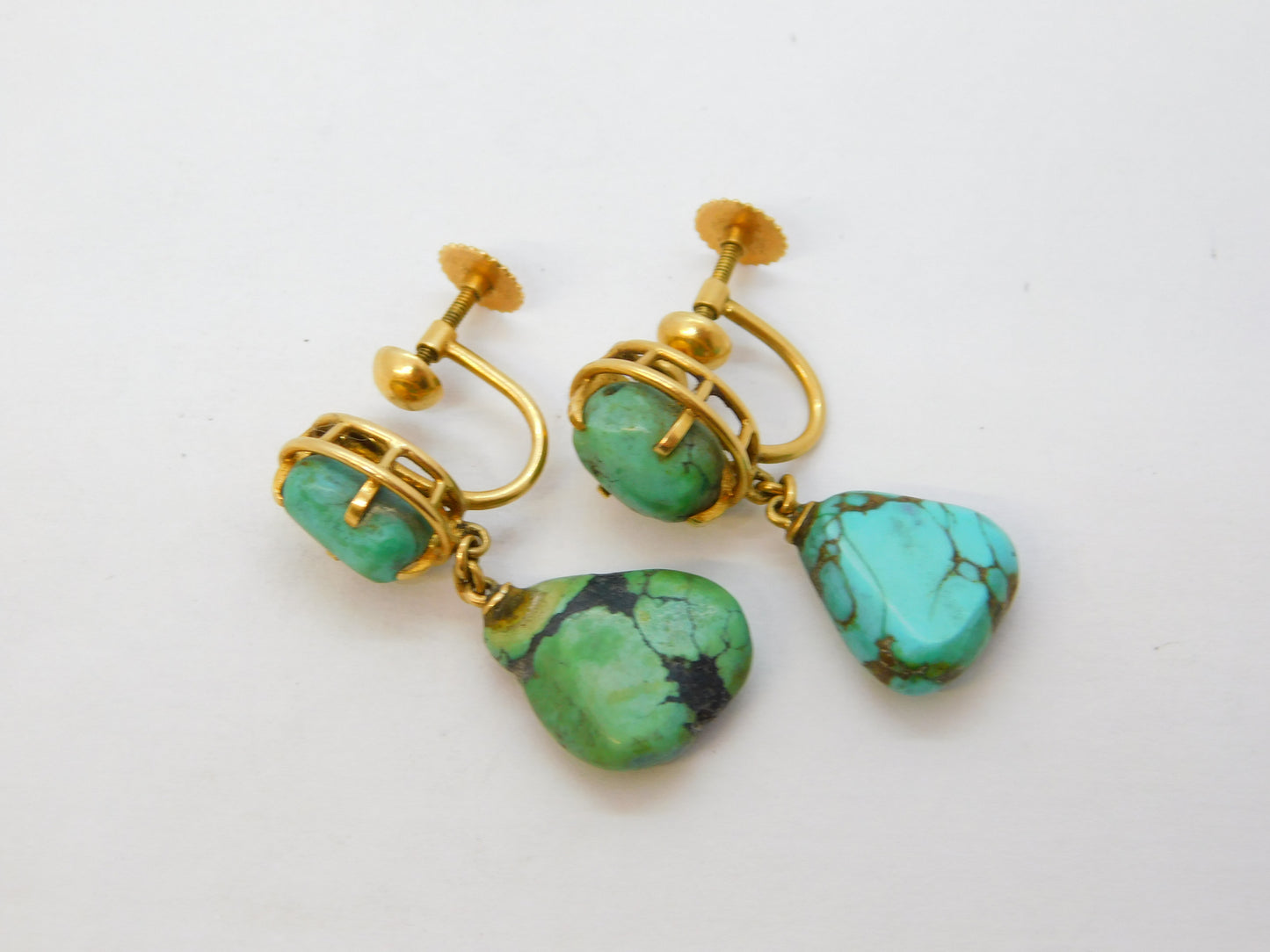 14ct Yellow Gold Raw Turquoise Screw-Back Earrings Antique c1920 Art Deco