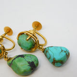 14ct Yellow Gold Raw Turquoise Screw-Back Earrings Antique c1920 Art Deco