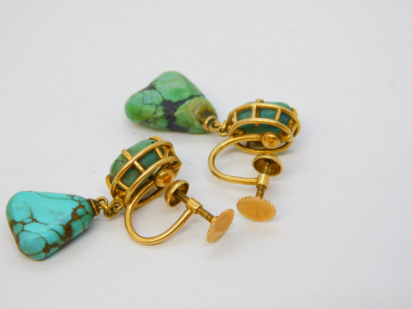 14ct Yellow Gold Raw Turquoise Screw-Back Earrings Antique c1920 Art Deco