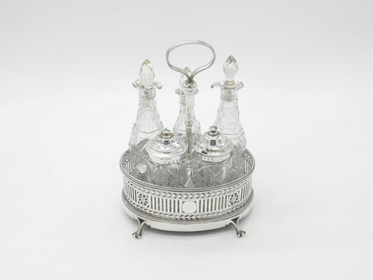 Victorian Large Sterling Silver Glass Complete Cruet Set 1859 Sheffield Antique