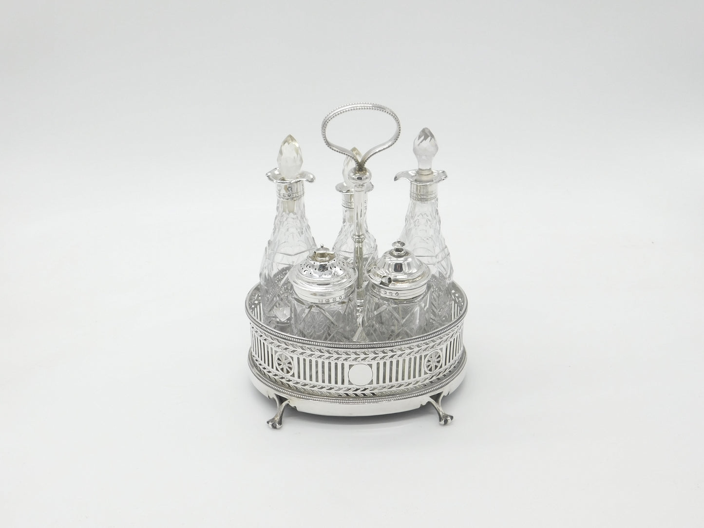 Victorian Large Sterling Silver Glass Complete Cruet Set 1859 Sheffield Antique