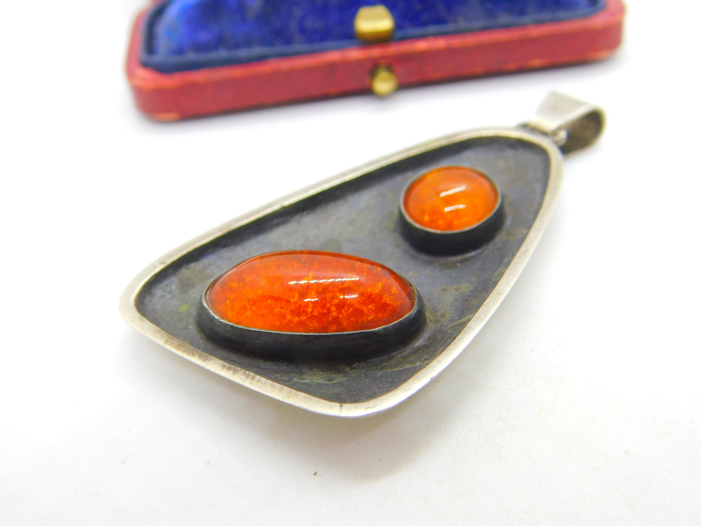 German .835 Grade Silver & Baltic Amber Modernist Drop Pendant Vintage