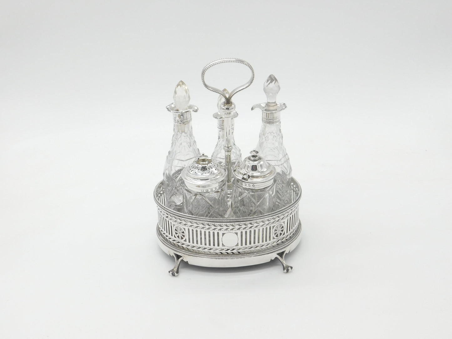 Victorian Large Sterling Silver Glass Complete Cruet Set 1859 Sheffield Antique