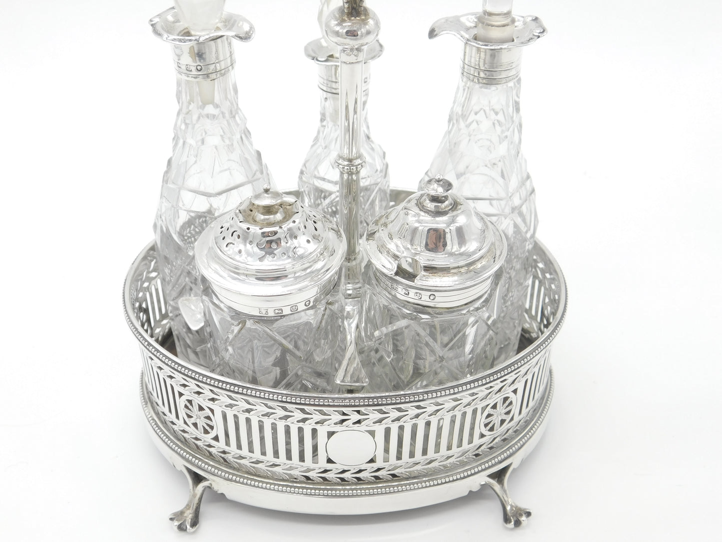 Victorian Large Sterling Silver Glass Complete Cruet Set 1859 Sheffield Antique