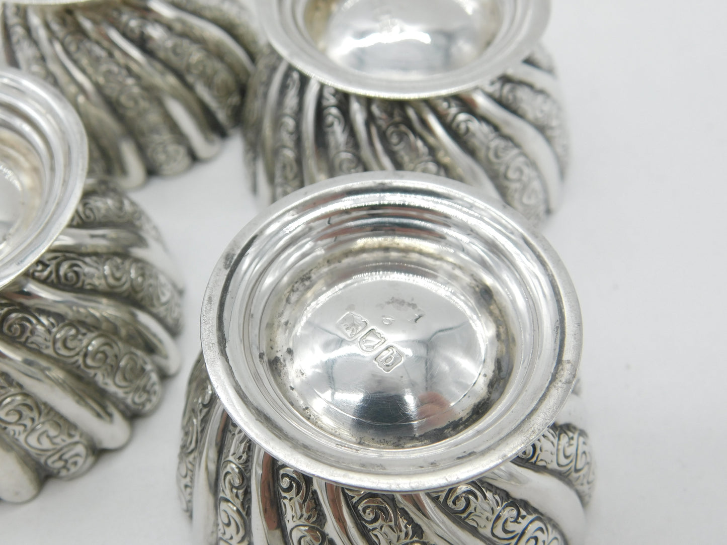 Set of Four Sterling Silver Swirl Pattern Salt Cellars 1897 London Victorian