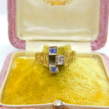 18ct Yellow Gold Modernist Sapphire & Diamond Set Ring 1971 London Vintage