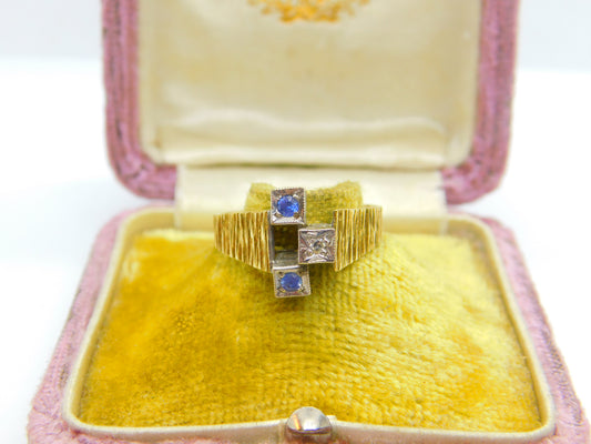 18ct Yellow Gold Modernist Sapphire & Diamond Set Ring 1971 London Vintage