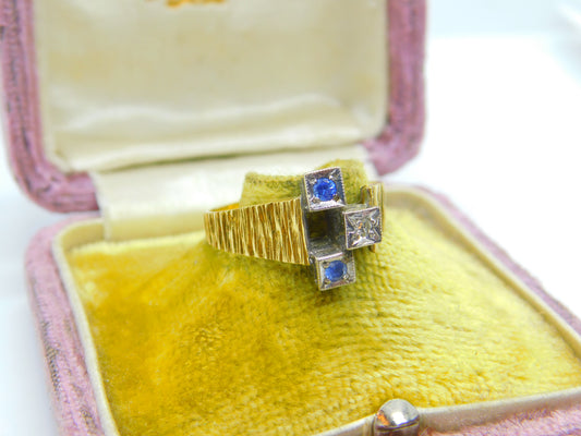 18ct Yellow Gold Modernist Sapphire & Diamond Set Ring 1971 London Vintage