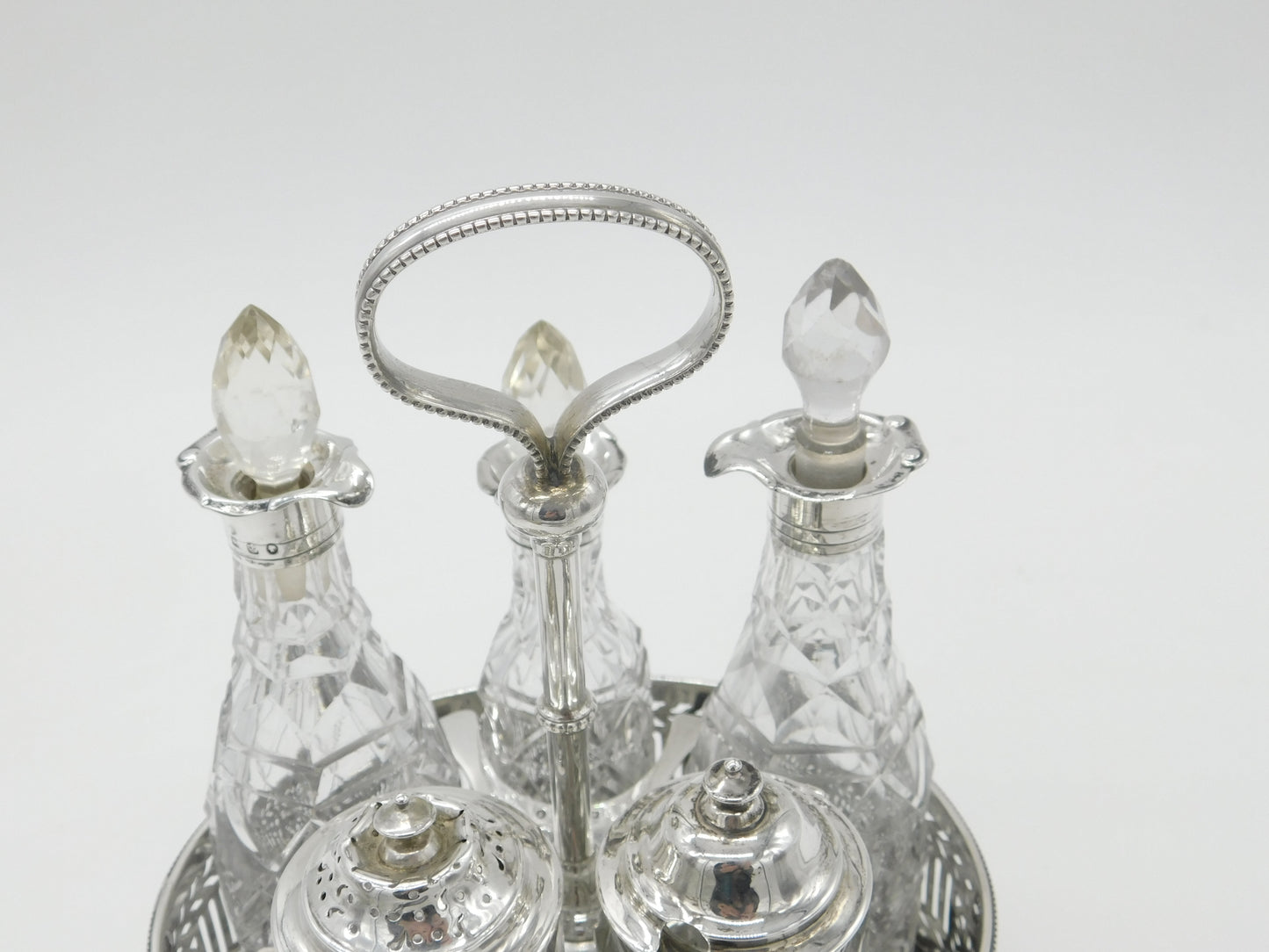 Victorian Large Sterling Silver Glass Complete Cruet Set 1859 Sheffield Antique