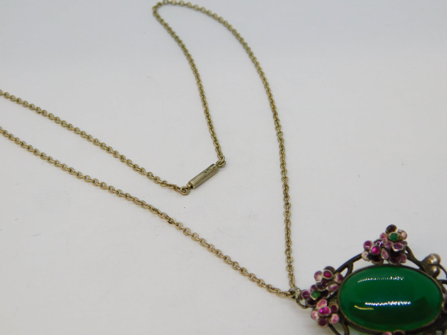 19th Austro-Hungarian Sterling Silver, Ruby, Emerald, Enamel, Jade Pendant Necklace c1890