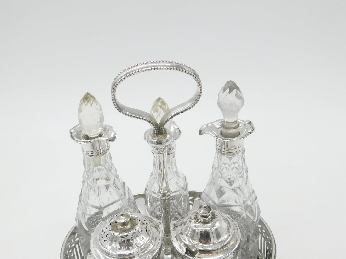 Victorian Large Sterling Silver Glass Complete Cruet Set 1859 Sheffield Antique