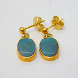 18ct Yellow Gold Mounted Doublet Blue Opal Drop Earrings Vintage 1981 London
