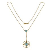 Edwardian 9ct Gold, Seed Pearl & Blue Stone Lavalier Drop Necklace Antique c1910