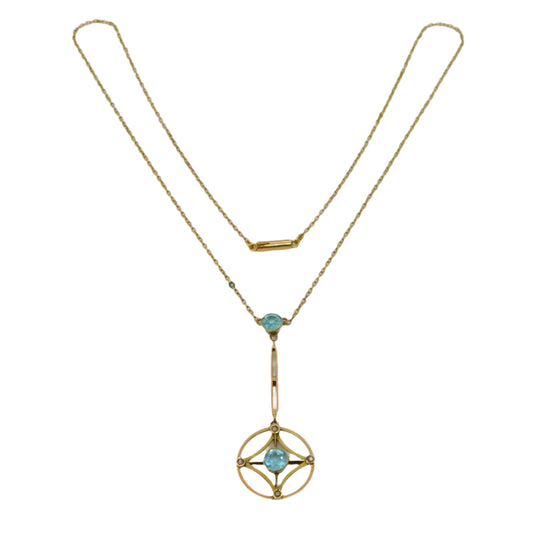 Edwardian 9ct Gold, Seed Pearl & Blue Stone Lavalier Drop Necklace Antique c1910
