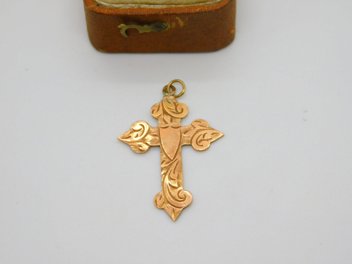 Victorian 9ct Rose Gold Floral Pattern Cross Pendant Antique c1880