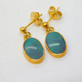 18ct Yellow Gold Mounted Doublet Blue Opal Drop Earrings Vintage 1981 London