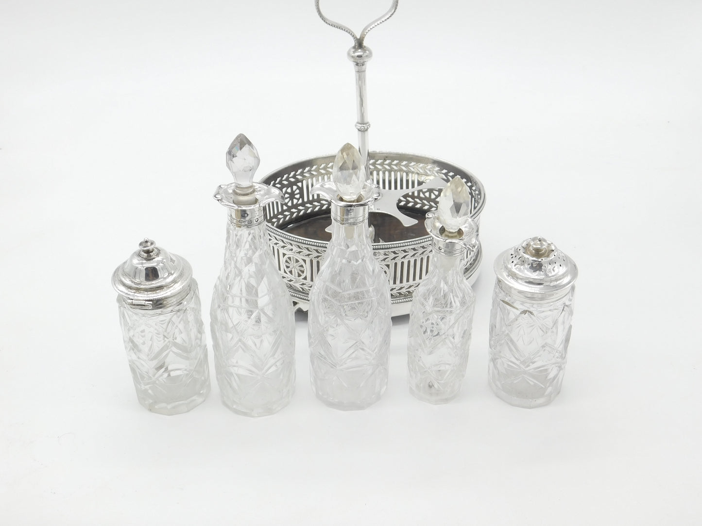 Victorian Large Sterling Silver Glass Complete Cruet Set 1859 Sheffield Antique