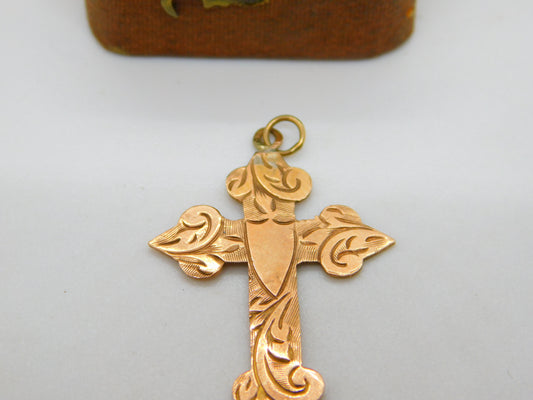 Victorian 9ct Rose Gold Floral Pattern Cross Pendant Antique c1880