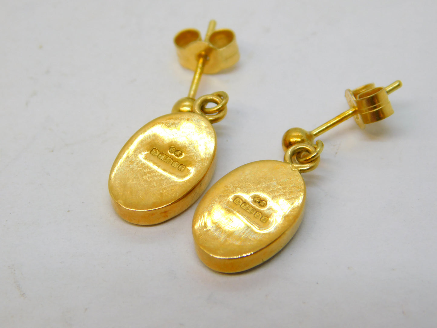 18ct Yellow Gold Mounted Doublet Blue Opal Drop Earrings Vintage 1981 London