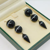 Victorian Boxed Sterling Silver & Banded Agate Torpedo Drop Earrings Antique