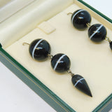 Victorian Boxed Sterling Silver & Banded Agate Torpedo Drop Earrings Antique