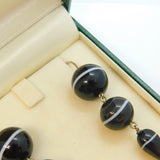 Victorian Boxed Sterling Silver & Banded Agate Torpedo Drop Earrings Antique