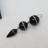 Victorian Boxed Sterling Silver & Banded Agate Torpedo Drop Earrings Antique