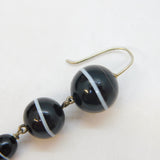 Victorian Boxed Sterling Silver & Banded Agate Torpedo Drop Earrings Antique