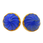 Large 18ct Yellow Gold & Carved Lapis Lazuli Swirl Stud Earrings Vintage