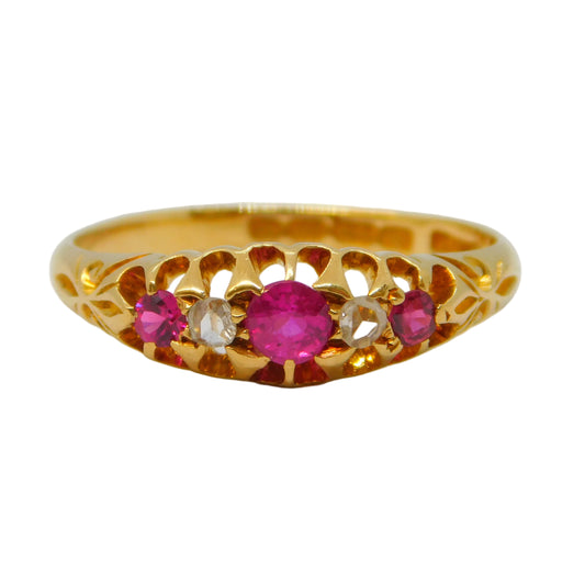 Victorian 18ct Gold, Ruby & Diamond Boat Ring Antique 1864 Birmingham